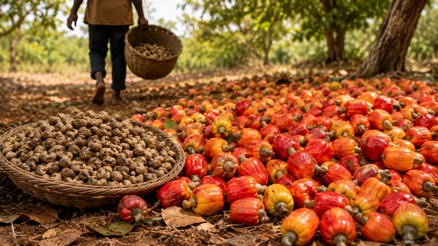 Farmer harvesting cashew apples and nuts in Ghana