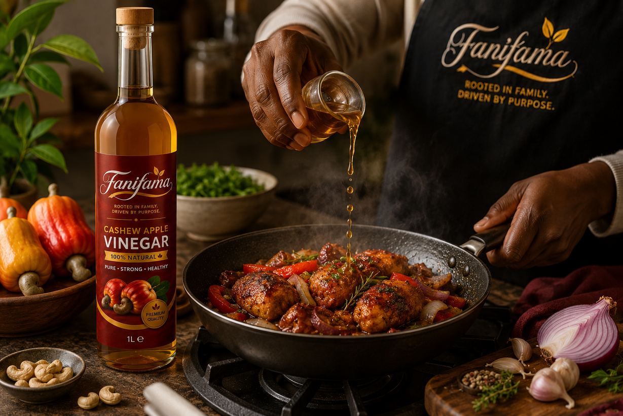 Fanifama cashew apple vinegar being used in cooking